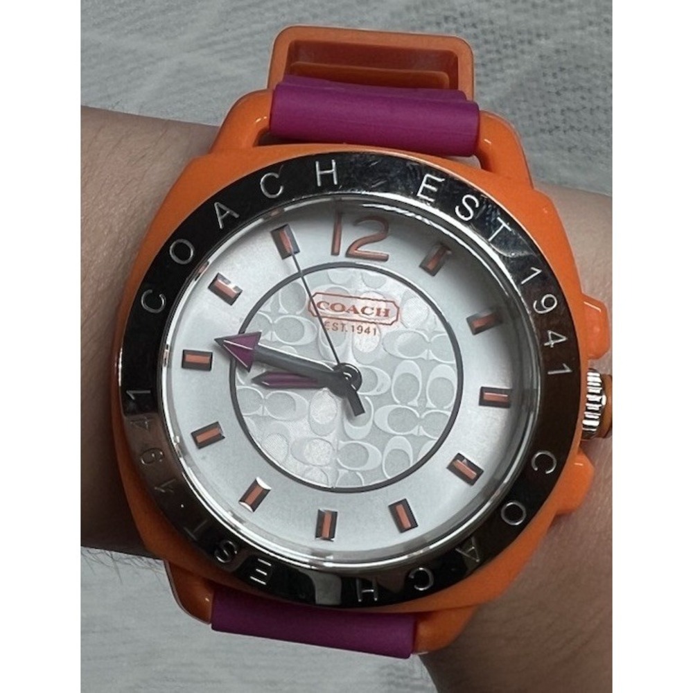 Coach Boyfriend Watch Orange Pink Silicone Color Block Signature C Dial 41mm EUC